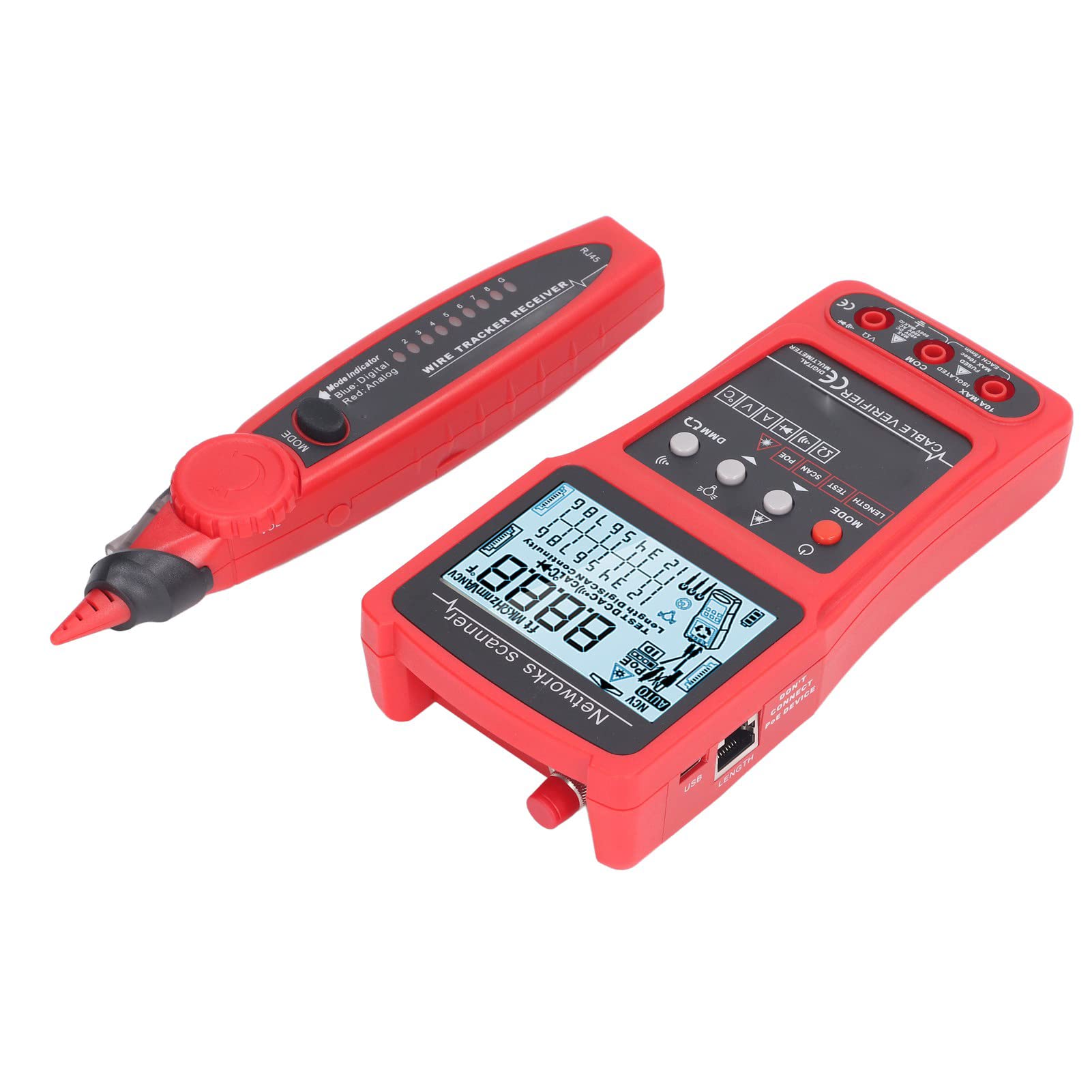 Cocoarm Testeur de Câble Réseau, Testeur de Câble Ethernet ABS avec LCD, Test POE Multimètre Longueur de Ligne Port Clignotant, Traçage 3 Km pour électriciens Installateurs de Réseau Bureau à Domicile