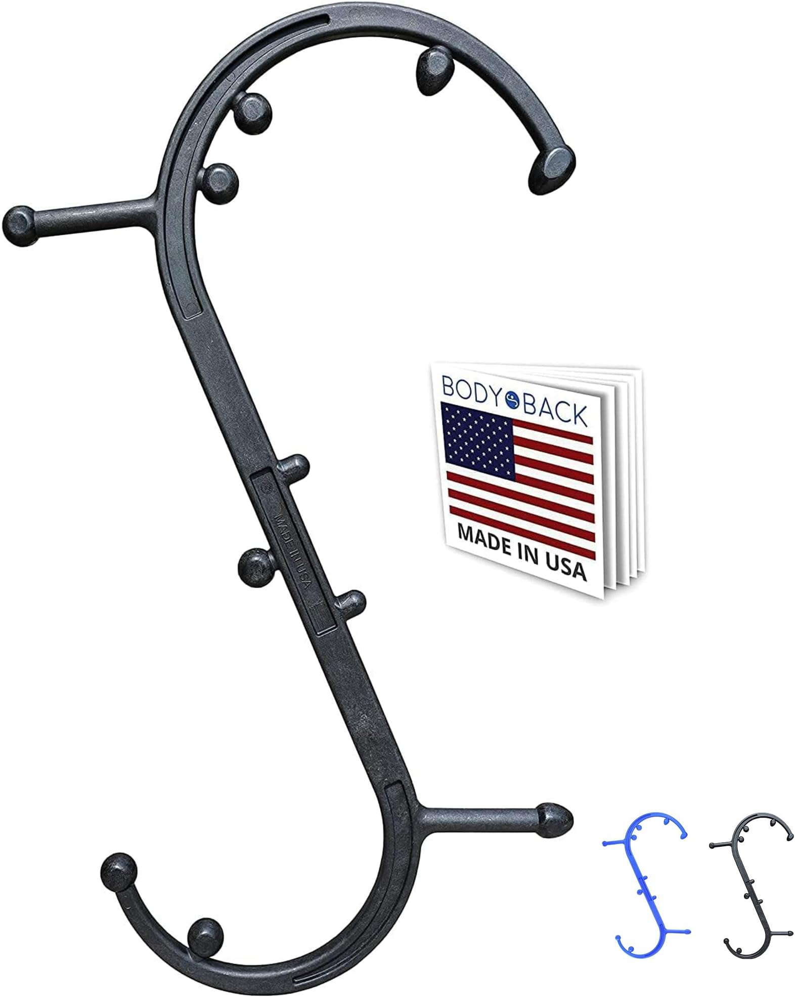 Buddy Classic USA Made Handheld Massage Cane - Full Body Trigger Point Tool for Deep Tissue Pain Relief - Dual Hooks for Back, Shoulder, Neck - (2.0 Black)