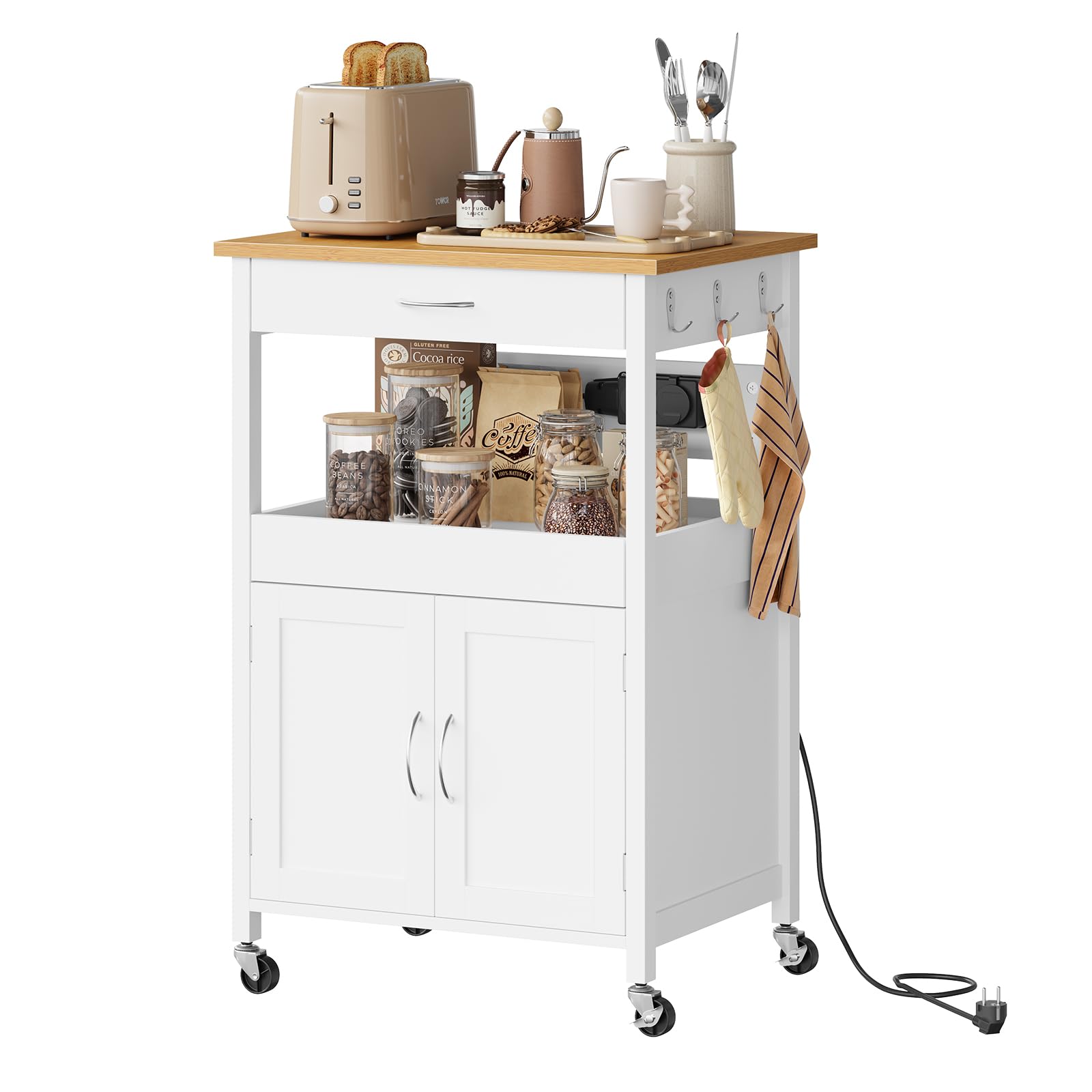 WOLTU Servierwagen mit Rollen, Küchenwagen mit Arbeitsplatte und Steckdosen, Schublade Ablage und Schrank, für Küche Esszimmer Wohnzimmer, 60x92x45 cm, Bambus + Weiß