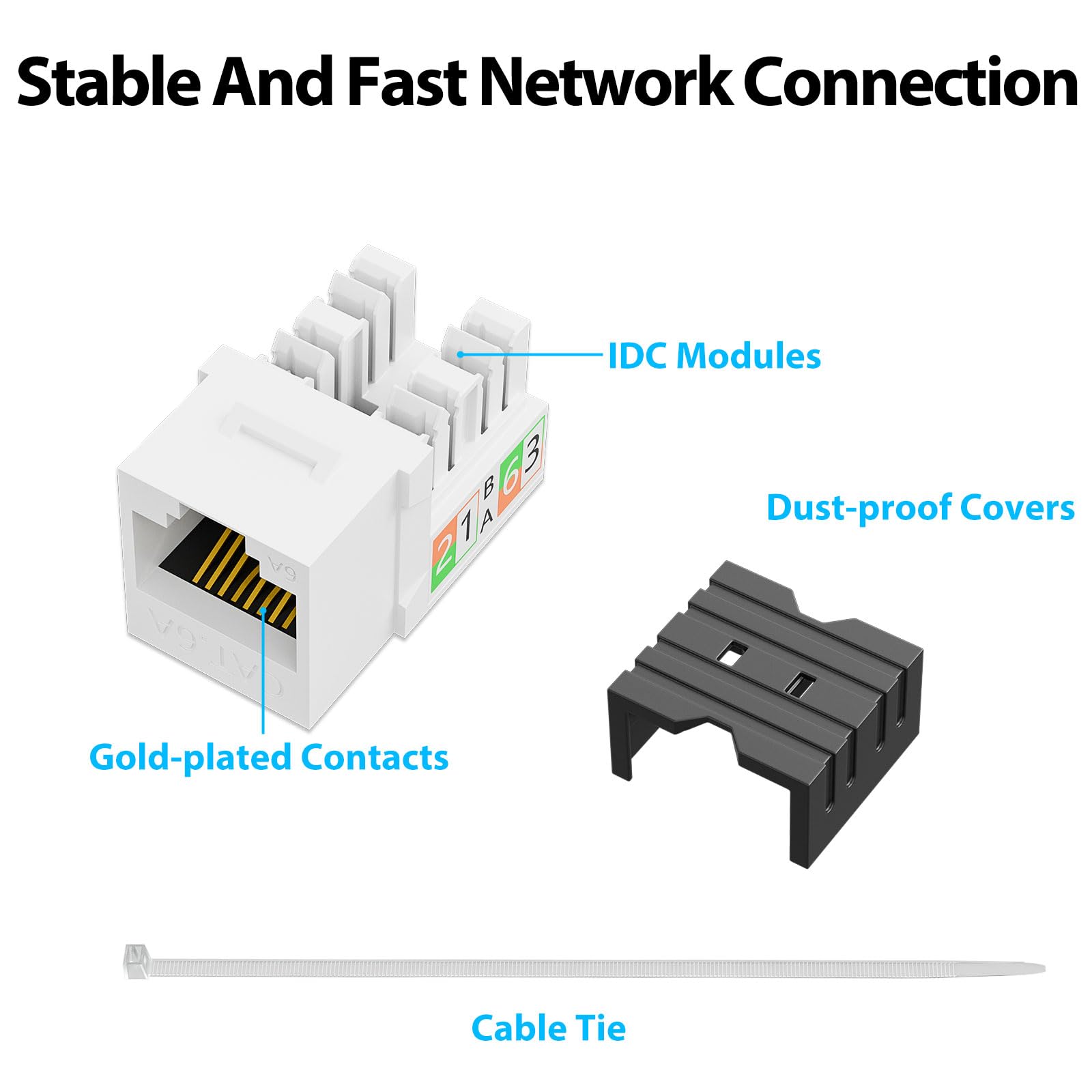 iwillink Lot de 25 prises Keystone 10 Gbit/s, prise RJ45 Keystone et support Keystone Punch-down, insert jack Ethernet modulaire UTP à 90 degrés, adaptateur Keystone Punch Down (blanc, catégorie 6A)