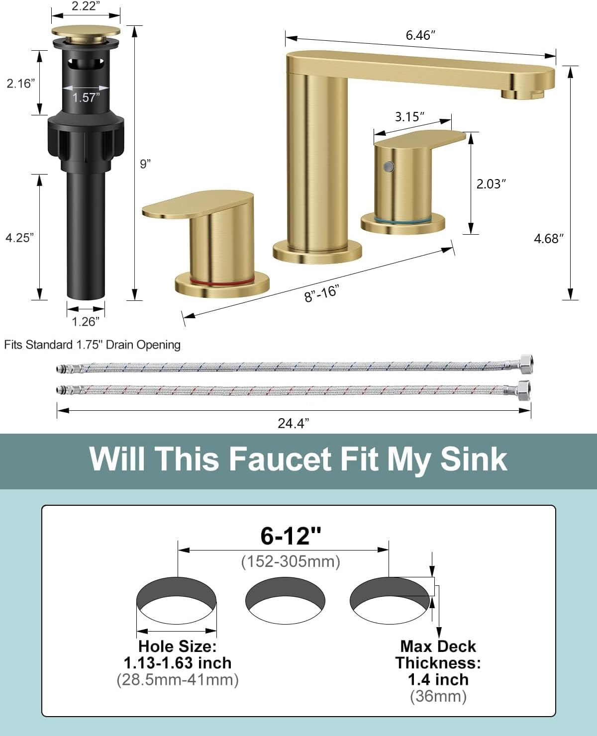 BWE Brushed Gold Bathroom Faucet 3 Hole, 8 Inch Widespread Gold Bathroom Faucets with Pop-up Drain and Supply Lines, 360° Swivel Spout 2-Handle Sink Faucet for Bath Vanity - Image 7