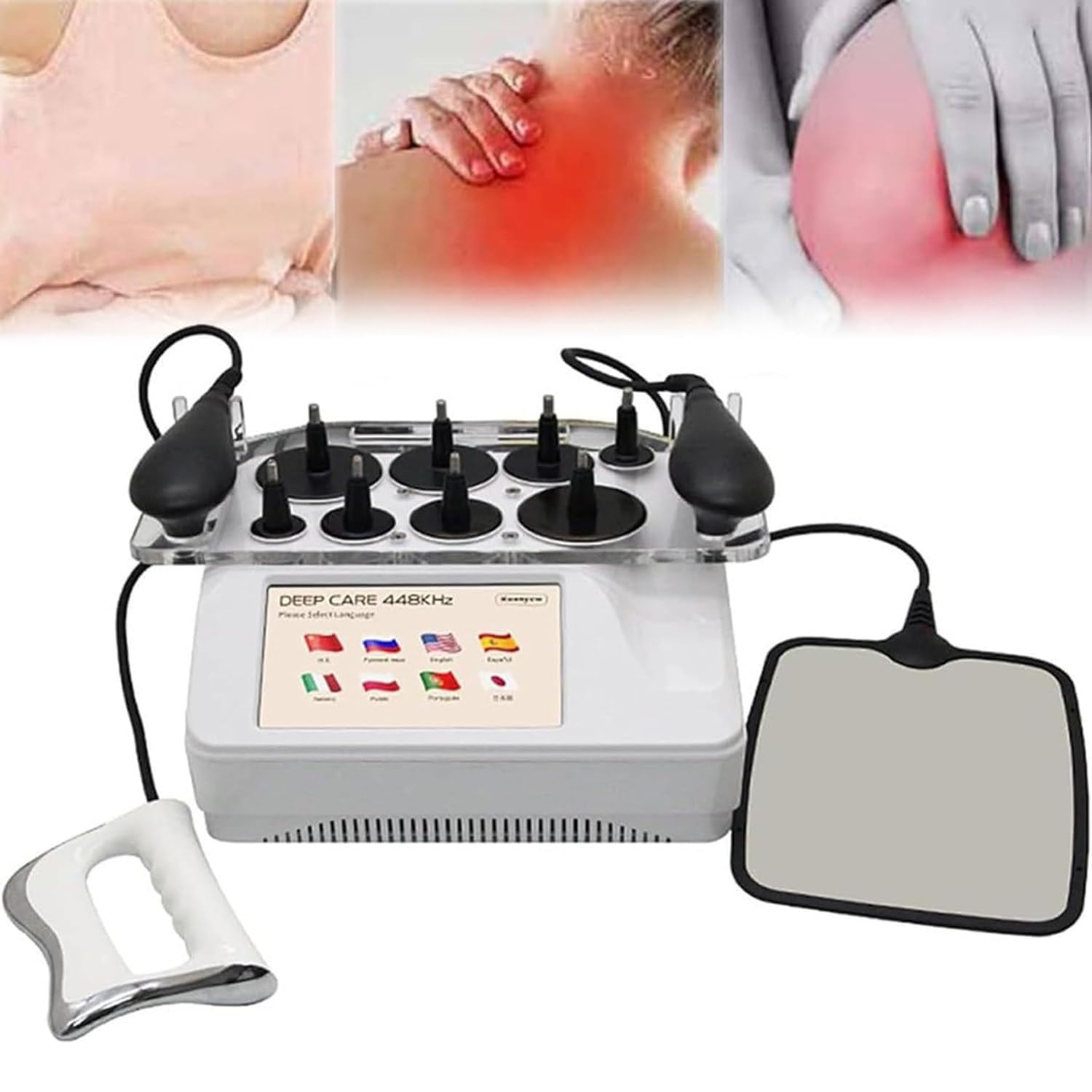 Apparecchio Tecarterapia 448Khz Dispositivo di Fisioterapia Caldo e Bellezza Non Invasivo,con 8 Testine,RES+cap/CET/RET Regolabili,per Rimozione Cellulite,Rassodamento Pelle e Sollievo Dolore
