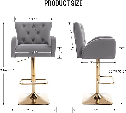Miniatura 2 de LZAREAL Juego de 2 taburetes de bar ajustables de terciopelo dorado, moderno taburete giratorio tapizado con respaldo copetudo y base dorada para