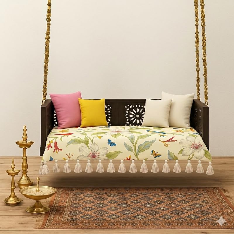 WWW.THROWPILLOW.IN Bird Floral Wooden Swing Seat Cover with Tassels|4 Ft Indian Jhoola Bench Cover for Indoor Outdoor Swing|Solid Wood Swing Cover for Courtyard,Verandah,Balcony,Living Room Decor-image-12