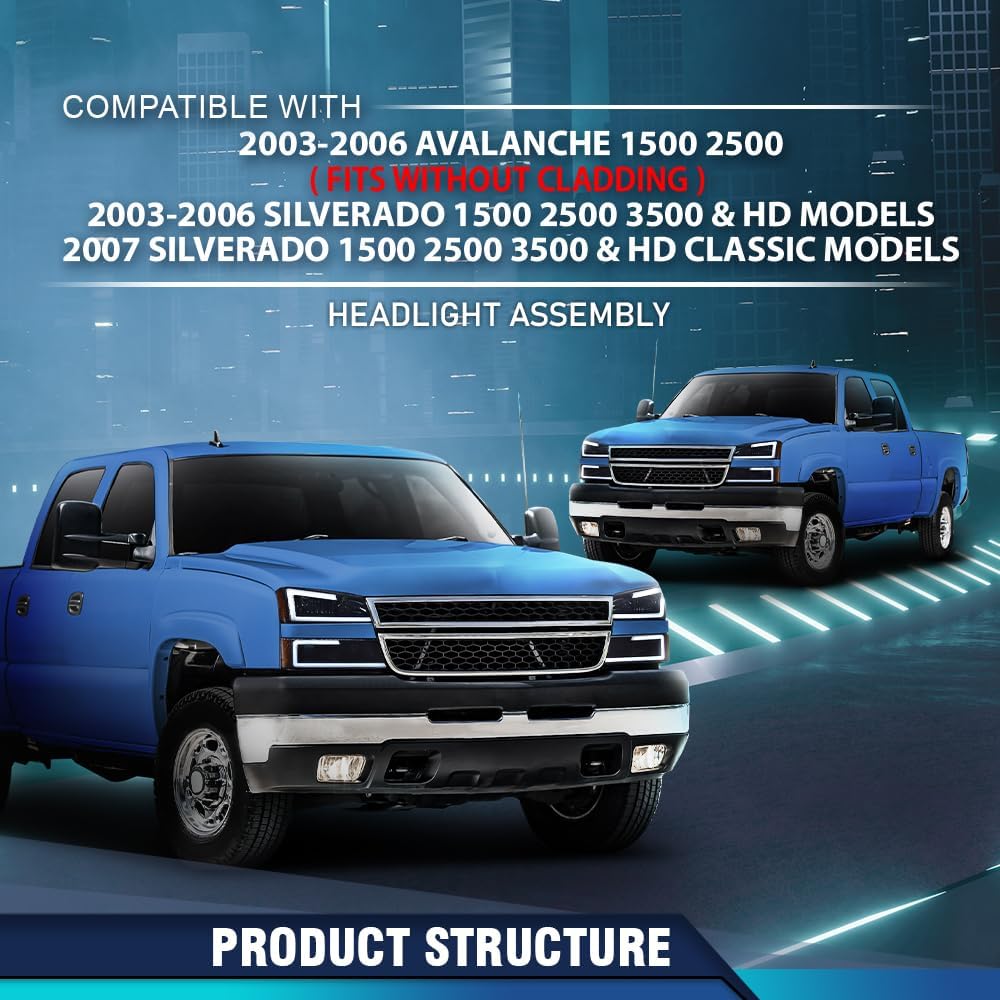PIT66 LED DRL Headlight Assembly Compatible with 2003-2006 Chevy Silverado 1500 2500 3500 HD Model Fits Avalanche 1500 2500(Fit No Cladding only) Front Headlamps Clear Lens Black Housing Amber Corner