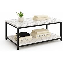 SG Traders Industrial Coffee Table for Living Room Large Side Table with Metal Leg 2 Tiers Stylish and Durable Industrial Coffee Table with Storage Perfect for Any Room 100x50x45cm White Marble