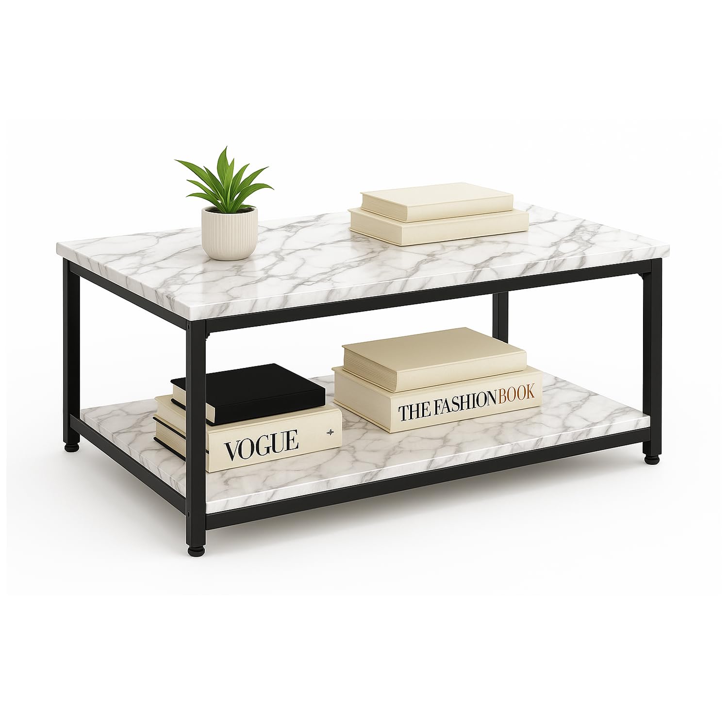 SG Traders Industrial Coffee Table for Living Room Large Side Table with Metal Leg 2 Tiers Stylish and Durable Industrial Coffee Table with Storage Perfect for Any Room 100x50x45cm (White Marble)