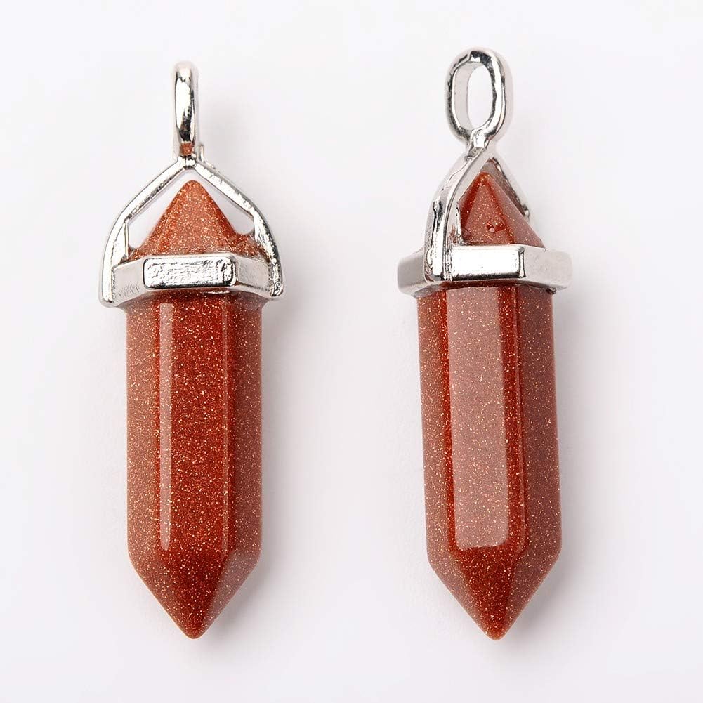 Beadthoven 30pcs Synthetic Goldstone Pointed Charm Pendants Bullet Shape Semi Precious Gemstone Beads with Platinum Findings for DIY Bracelet Necklace Jewelry Making