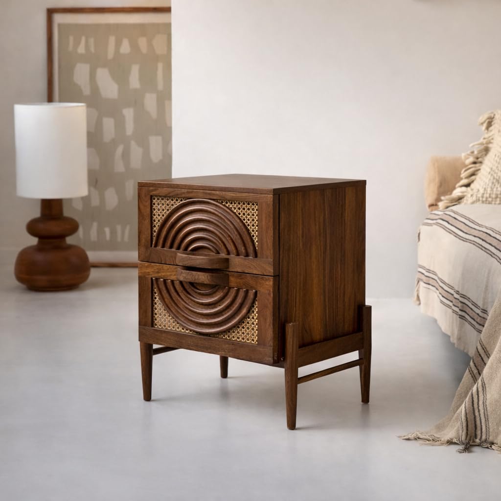 Osho Rattan Side Table with Drawer | Spiral Carving Nightstand for Bed | Cane End Table Furniture for Living Room | Mango Wood, Walnut Finish | Solid Wood Bedside Table for Bedroom-image-1