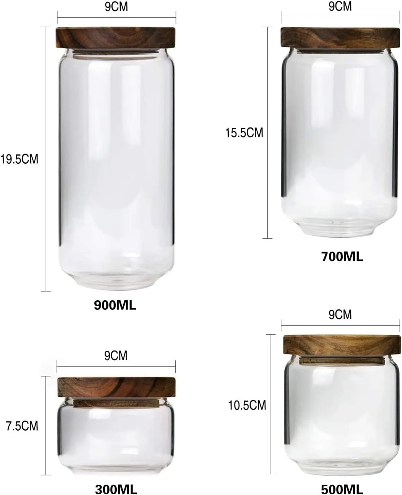 Tarro De Caramelos Juego de 4 tarros de Cristal for Dulces, tarros de Cocina for Almacenamiento, Botes con Tapa de Madera hermética for café, té y Dulces para Guardar Caramelos