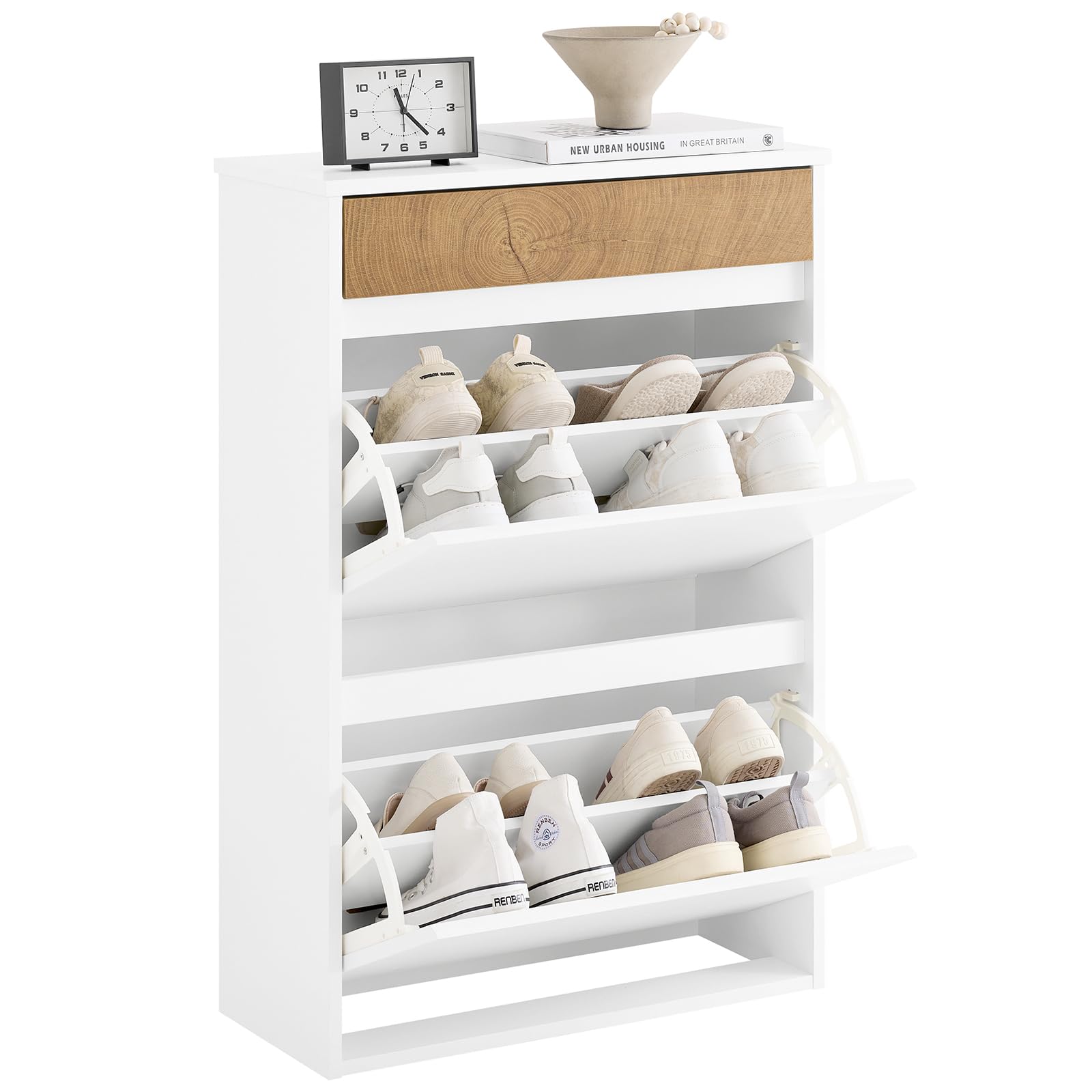 SoBuy Schuhschrank Schmal Hoch – Schuhkipper Schmal mit 2 Klappen & Schublade, platzsparend & modern – Flur Möbel für Eingang, Korridor, Wohnung – 61x26x91cm, Weiß & Holzoptik – FSR205-WN