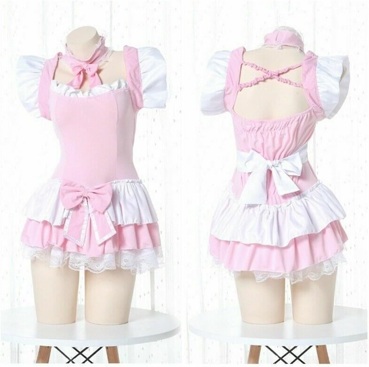 GK-O Women Japanese Lolita Ruffle Dress Cosplay Maid Costume Nighties Sexy | Cute sweet short dress with choker ribbon accessory 2pcs cosplay set features comfortable polyester soft fit one size