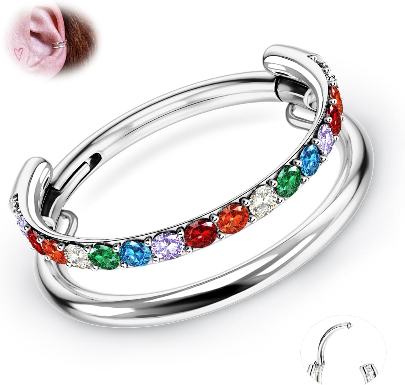 BodyBonita G23 Titanium Cartilage Earring Hoop Stacked Clicker 16G CZ Double/Triple Septum Rings Conch Piercing Jewelry Tragus Daith Helix Nose Rings Hoops for Women Silver/Gold Plated 8mm 10mm 12mm