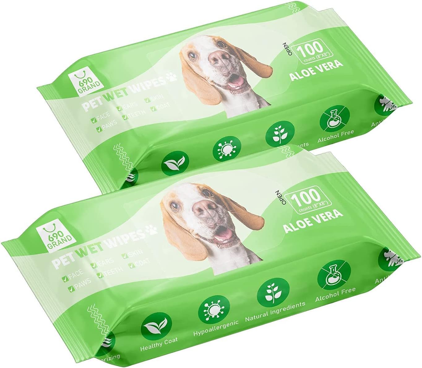 Deodorizing Hypoallergenic Pet Wipes with Fragrance Free Natural Organic for Cleaning Face Butt Eyes Ears Paws Teeth 100ct per Pack 2 Pack
