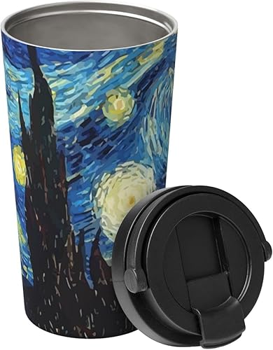 bassyil Van Gogh The Starry Night - Taza de café aislada de 17 onzas con tapa abatible, diseño de cielo estrellado, vaso de viaje aislado de acero