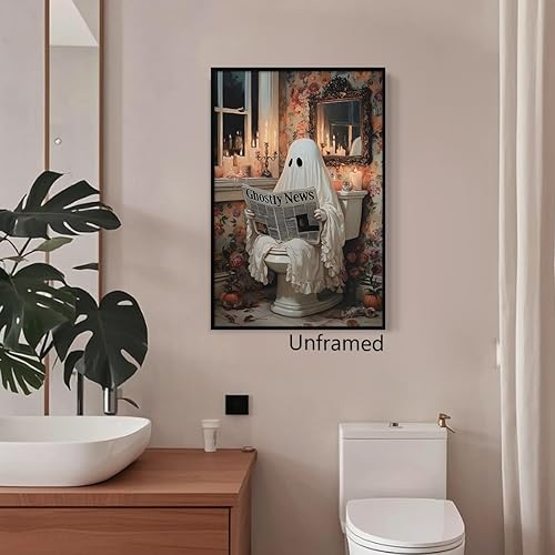 Miniatura 2 de Venphude Lienzo decorativo de pared de fantasma, lindo fantasma leyendo noticias fantasmales en el inodoro, flores rosadas, impresión romántica de