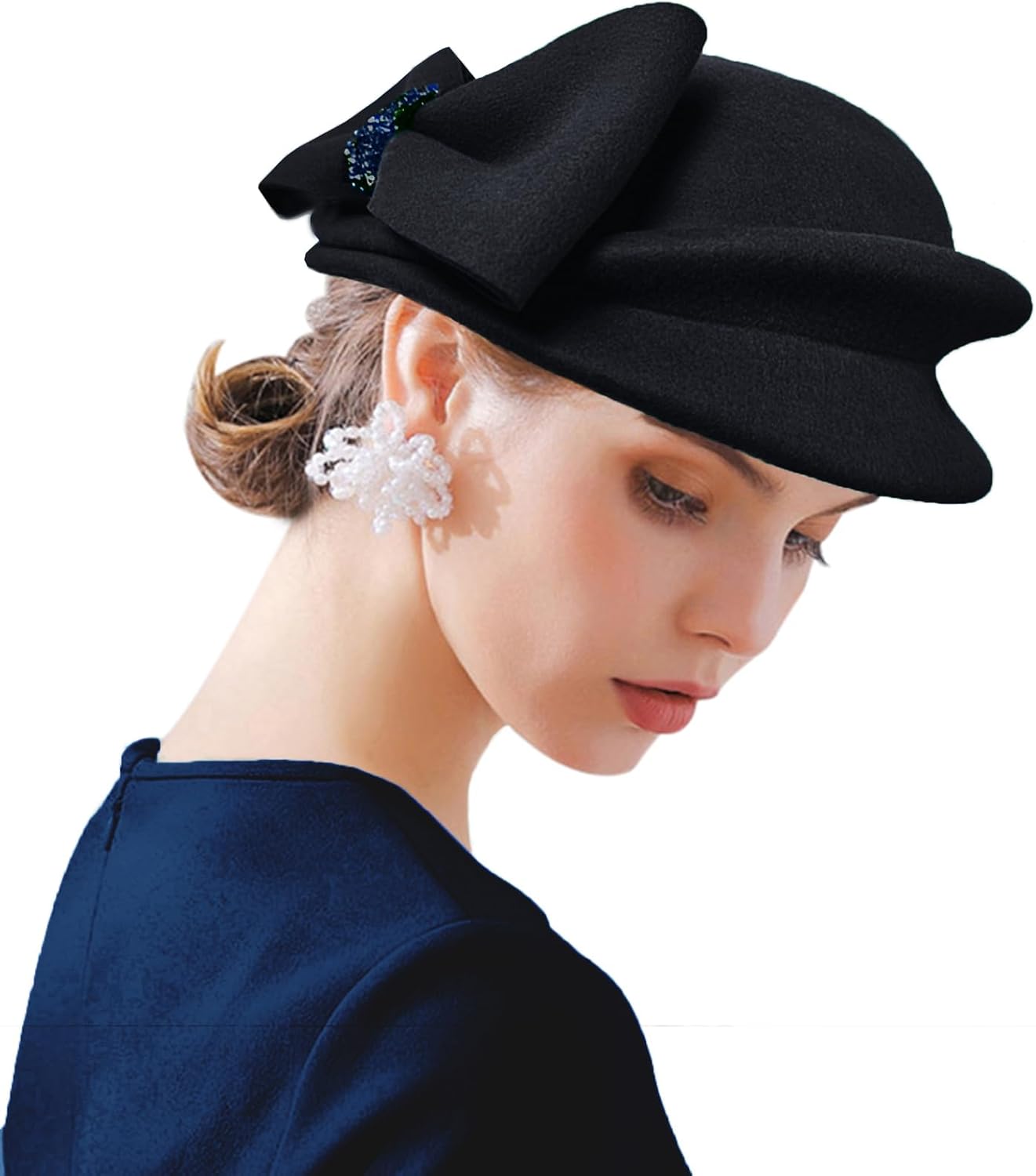 ORIDOOR Women Vintage 100% Wool Felt Flowers Bucket Cloche Bowler Hat Church Wedding Beret Hat