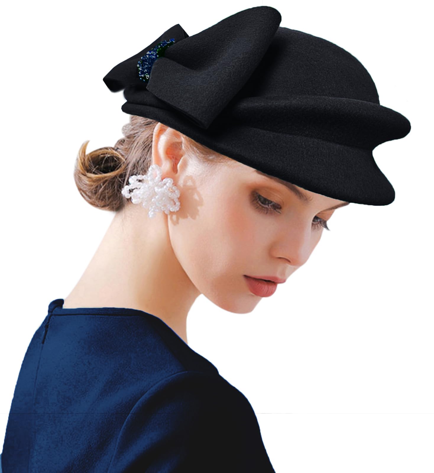 ORIDOOR Women Vintage 100% Wool Felt Flowers Bucket Cloche Bowler Hat Church Wedding Beret Hat, E1 Black, One Size