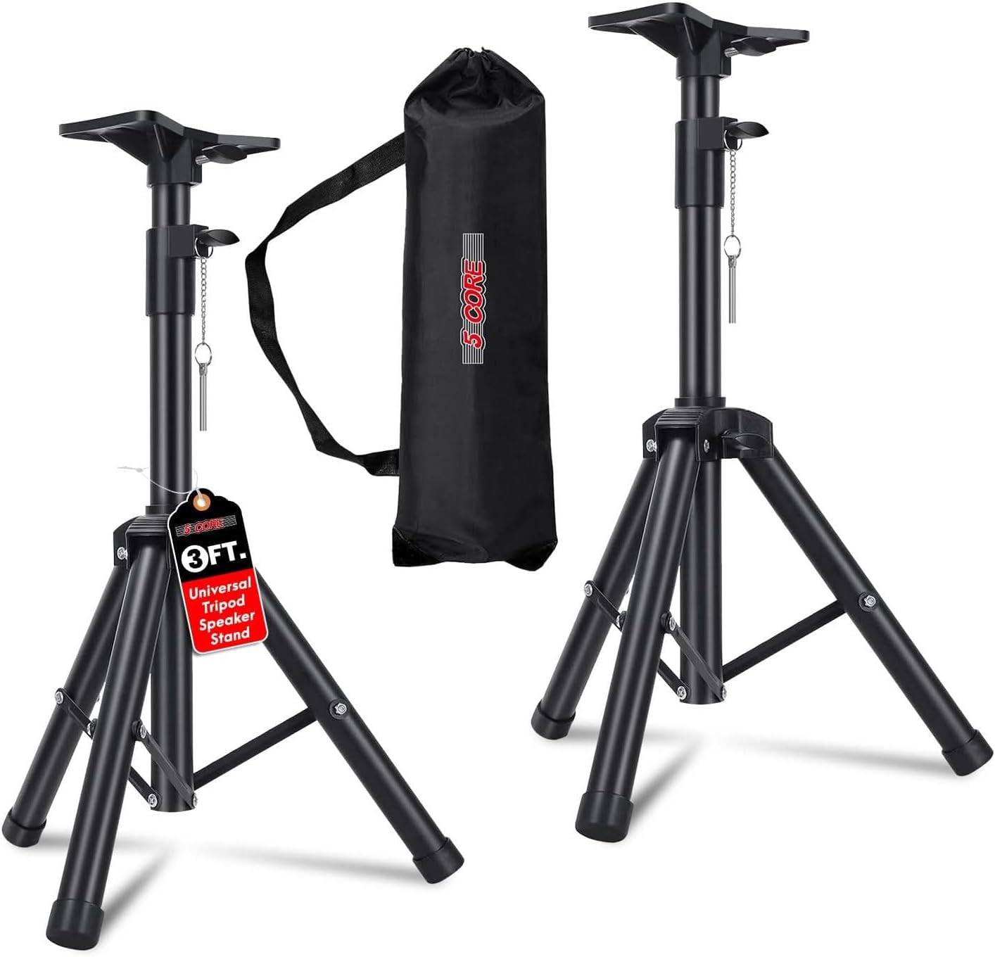 Speaker Stand Tripod Heavy Duty Adjustable Pair for PA DJ Stage & Event Telescoping Height up to 36″ Universal 35 mm Mount with Carry Bag (Black)