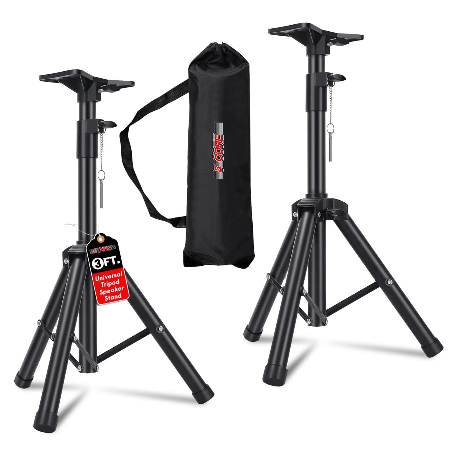 5 Core Speaker Stand Tripod Heavy Duty Adjustable Pair for PA DJ Stage & Event Telescoping Height up to 36″ Universal 35 mm Mount with Carry Bag (Black)