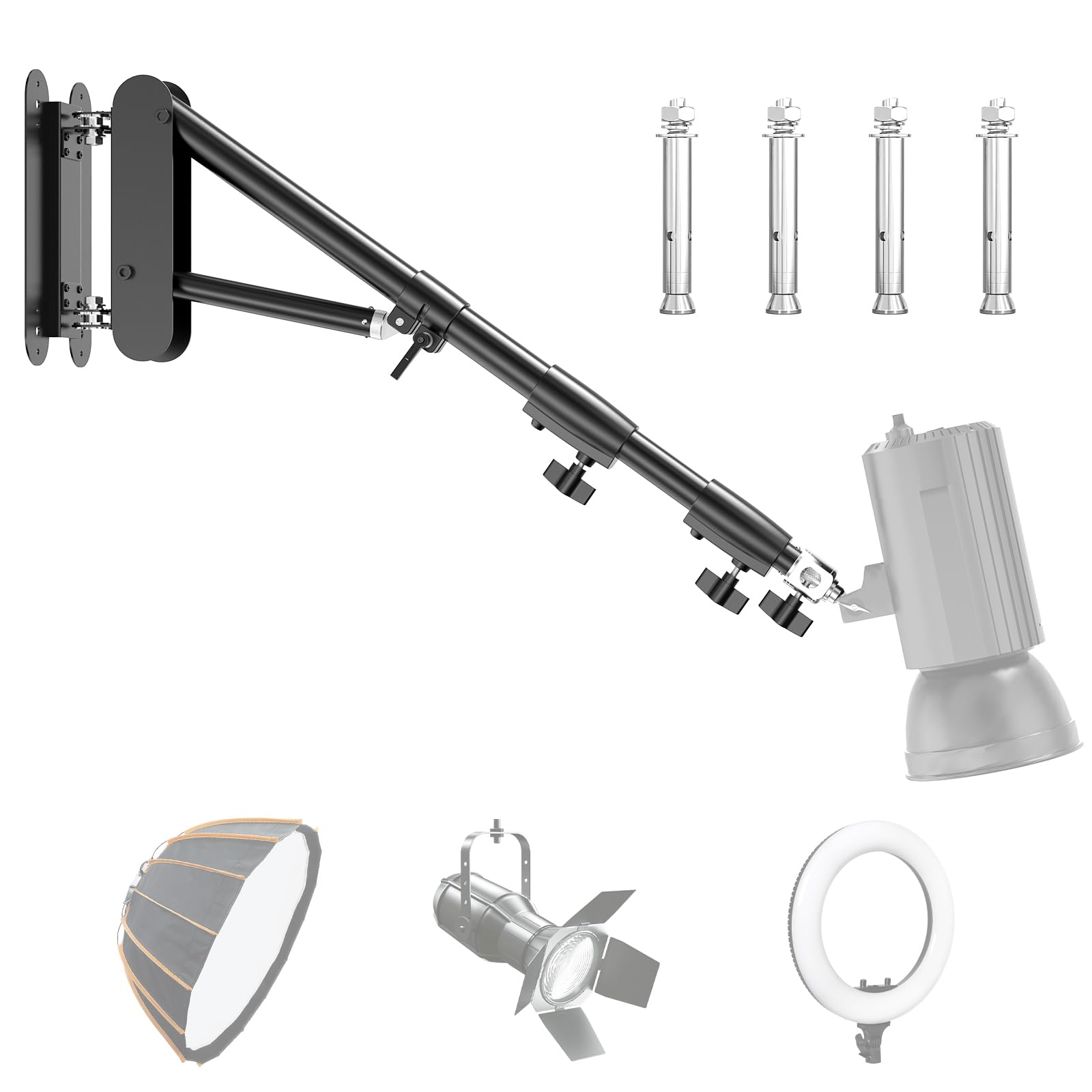 Wall Mount Triangle Boom Arm, 5.9 Feet/180cm Max Length, 180° Flexible Rotation, for Photography Strobe Light, Ring Light, Umbrella Softbox, Reflector