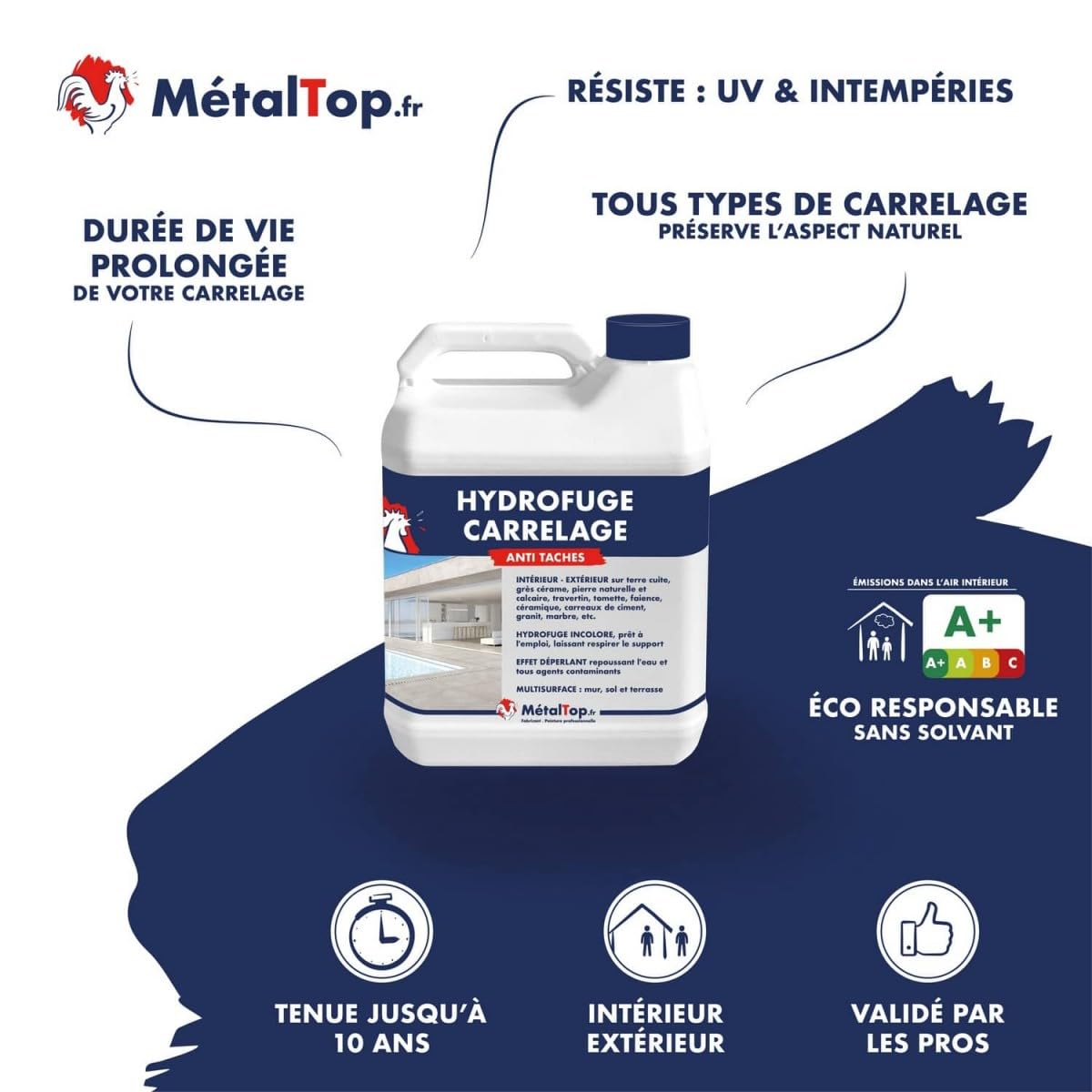 Métaltop - Hydrofuge Carrelage - 5 L - Protection invisible pour carreaux et joints poreux, idéal en intérieur comme en extérieur