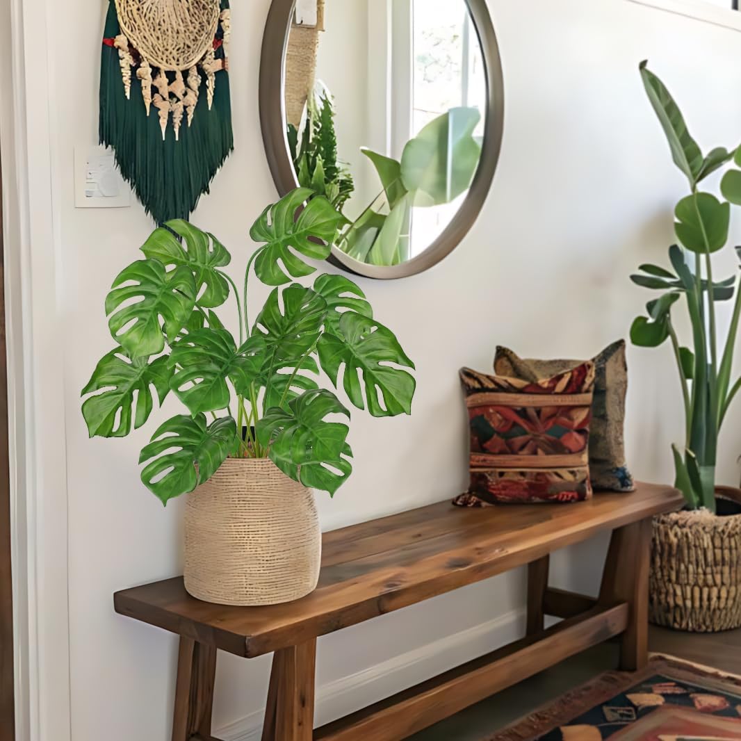 Hollyone 2PCS Artificial Monstera Plants Leaves 28.7" Fake Tropical Monstera Bush Tree Leaf Large Faux Greenery Stem Shrubs for Indoor Outdoor Home Garden Arrangement Jungle Safari Wedding Party Decor