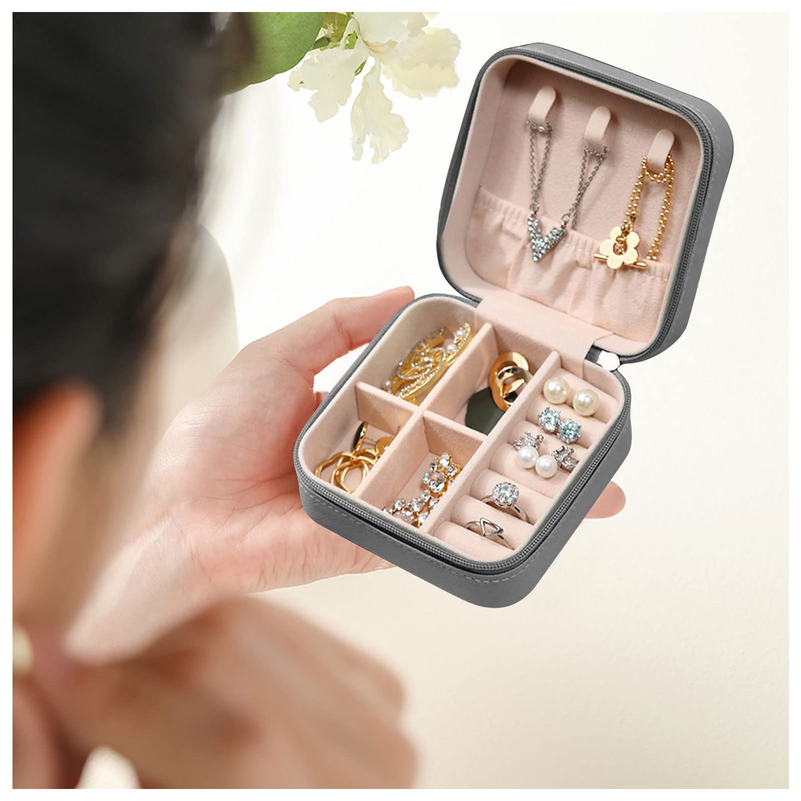 Mirror Box Small Travel Jewelry Case, To Go Portable Jewelry Box, Travel Jewelry Organizer,Portable Jewellery Storage Holder For Rings Earrings Necklace, Gifts For Girls Women With Mirror -White Girls Mirror