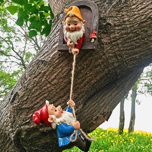 Ahbuohe Gnome Garden Decoration Climbing Tree Decor Outdoor,Fairy Door Tree Face Figurine Lawn Patio Decor,Funny Climbing Elves Tree Peeker Sculpture Yard Art