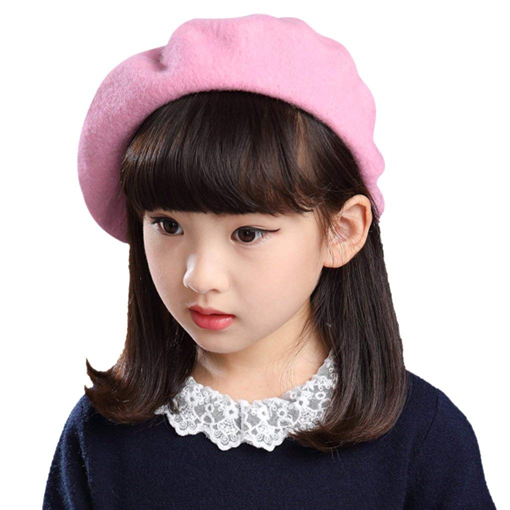 Xinchia Girls Pink Kids Wool Felt Beret Hat French Style Beanie Artist Hat Elegant Soft Stretchy Bowler Cap Classic Solid Winter Autumn Fashion Warmer Flat Caps Warm Dome Beret Headwear