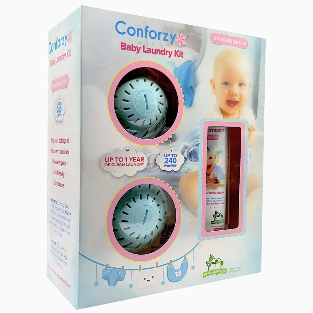 Conforzy Baby Laundry Balls Kit for Sensitive Skin. Washing Machine Balls and Stain Remover (Up-to 240 Washes). Eco-Friendly with no Harsh Chemicals. 1 Year Worth of Laundry