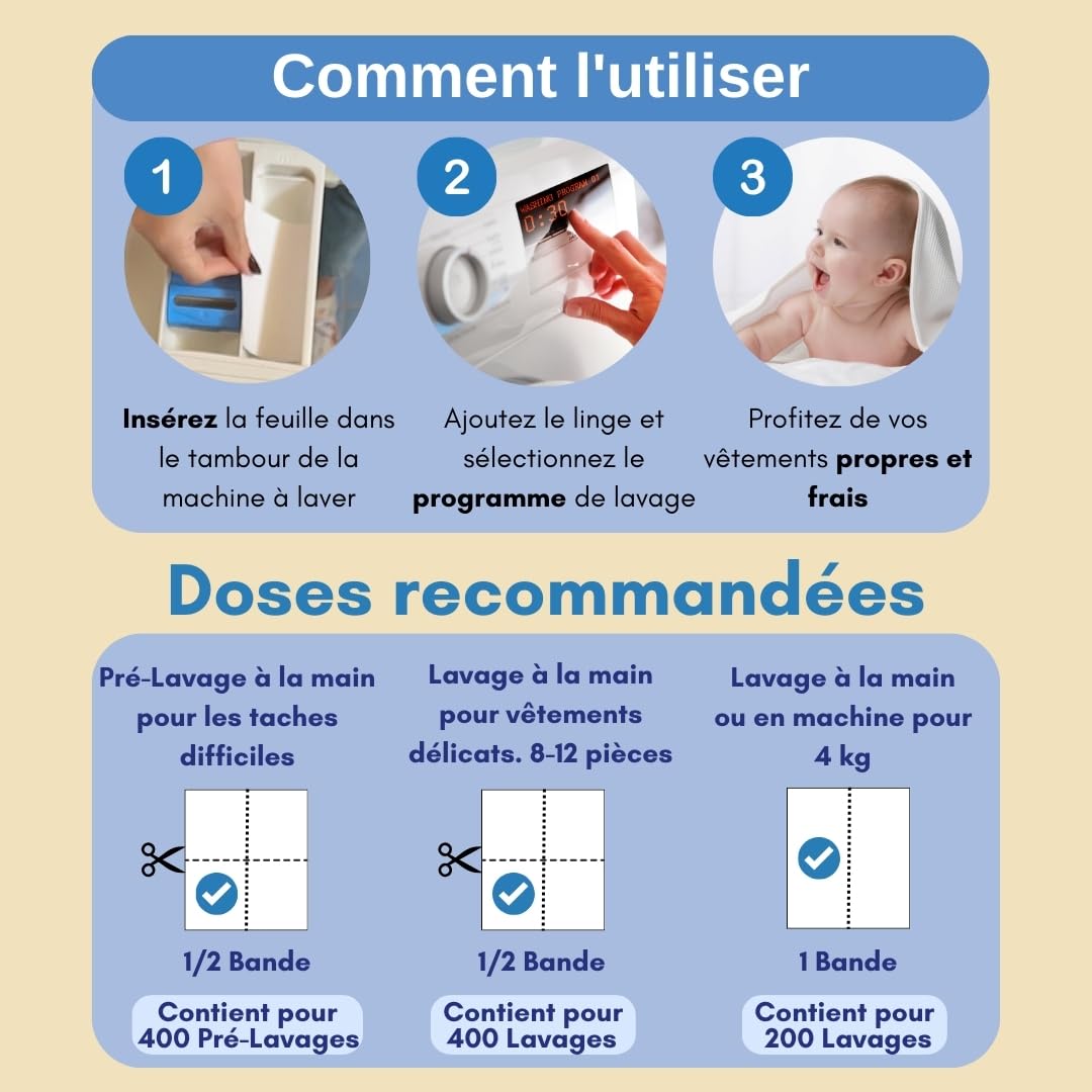 Lessive en Feuilles pour Bébé (400 Lavages) – Lessive Sans Parfum, Lessive Hypoallergénique, Lessive Écologique, 100% Biodégradable et Végan. Nettoyage Doux pour Peaux Sensibles. Sans Plastique.