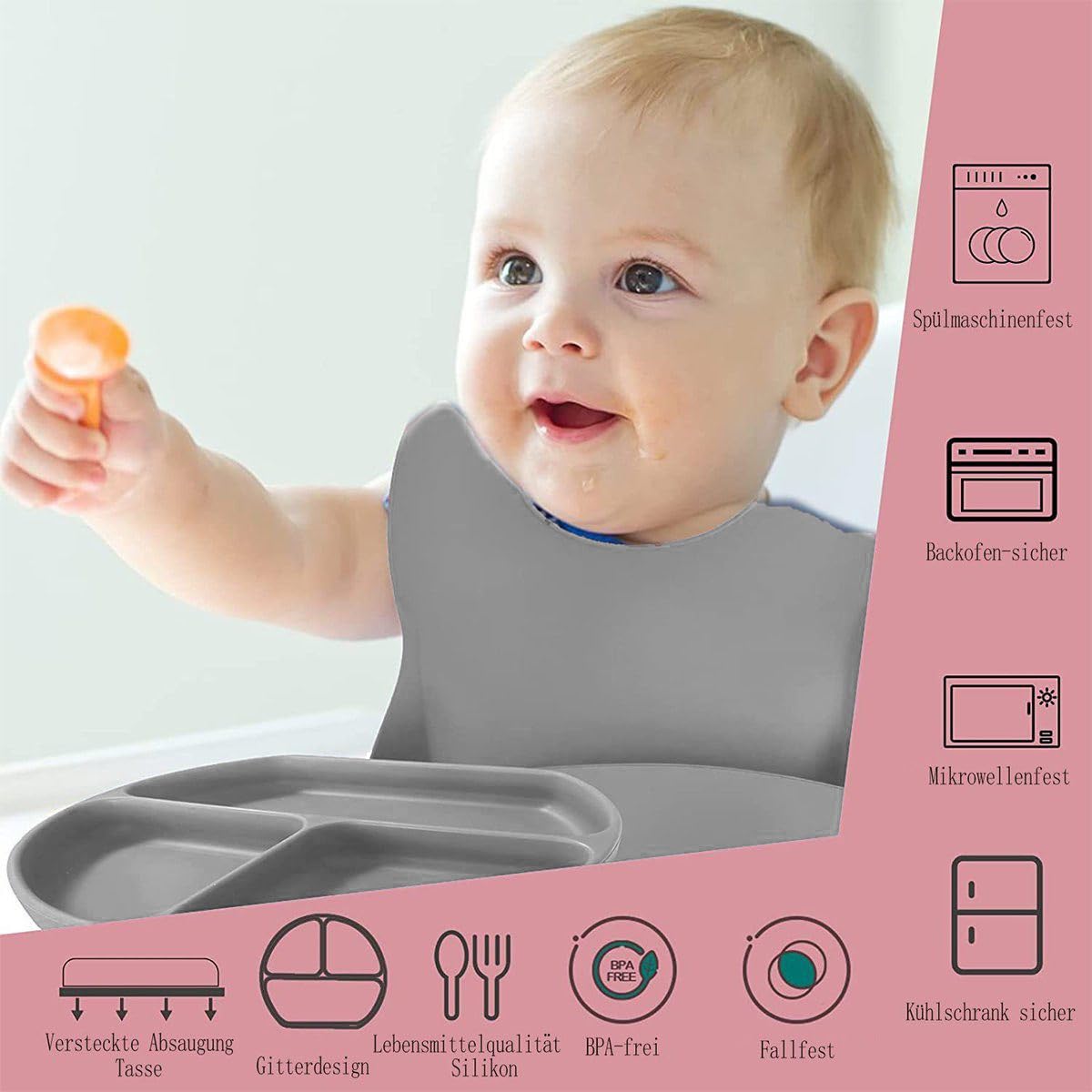 Eliano Set di 6 stoviglie in silicone per bambini – senza BPA – piatto e ciotola antiscivolo, bavaglino, tazza per imparare a bere con cannuccia e posate – set per lo svezzamento guidato dal bambino