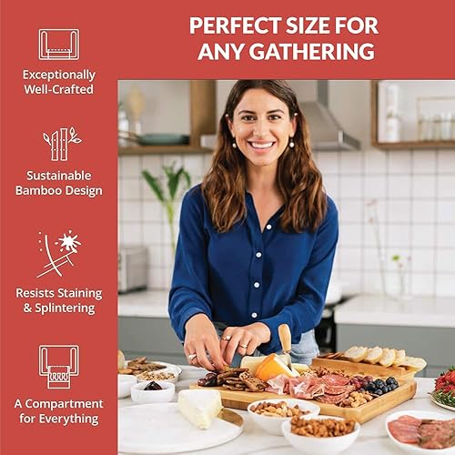 Miniatura 6 de Juego de tabla de queso de bambú y cubiertos con cajón oculto – Elegante bandeja de embutidos para carnes, quesos, galletas – Set de regalo de
