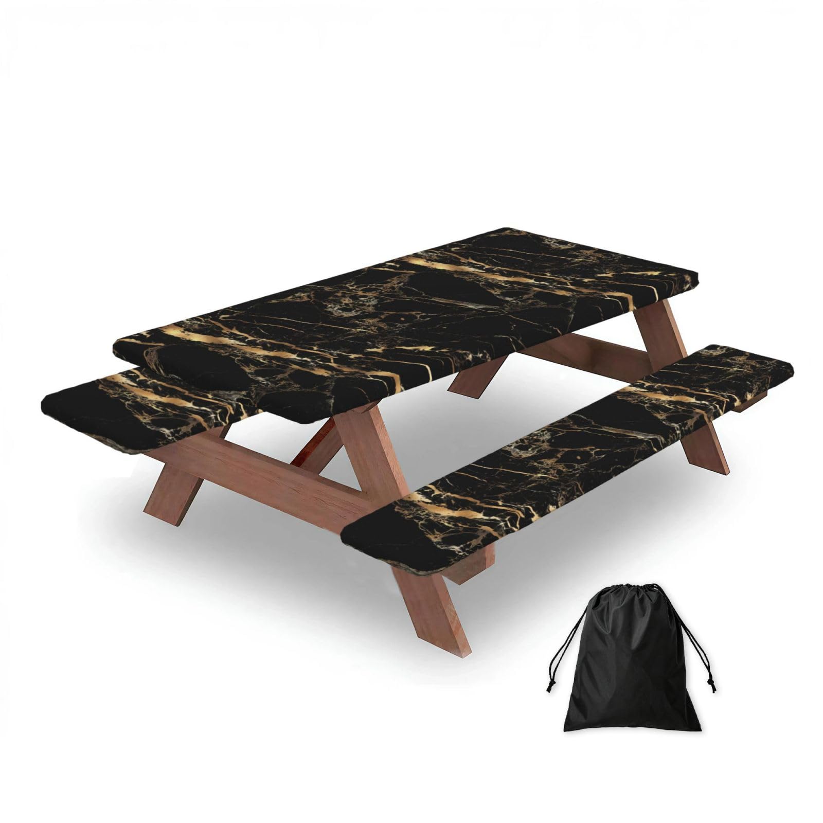 Marble Black Gold, Picnic Table Cover With Bench Covers -Waterproof Elastic Fitted Tablecloth for Garden Camping Patio 76x152cm
