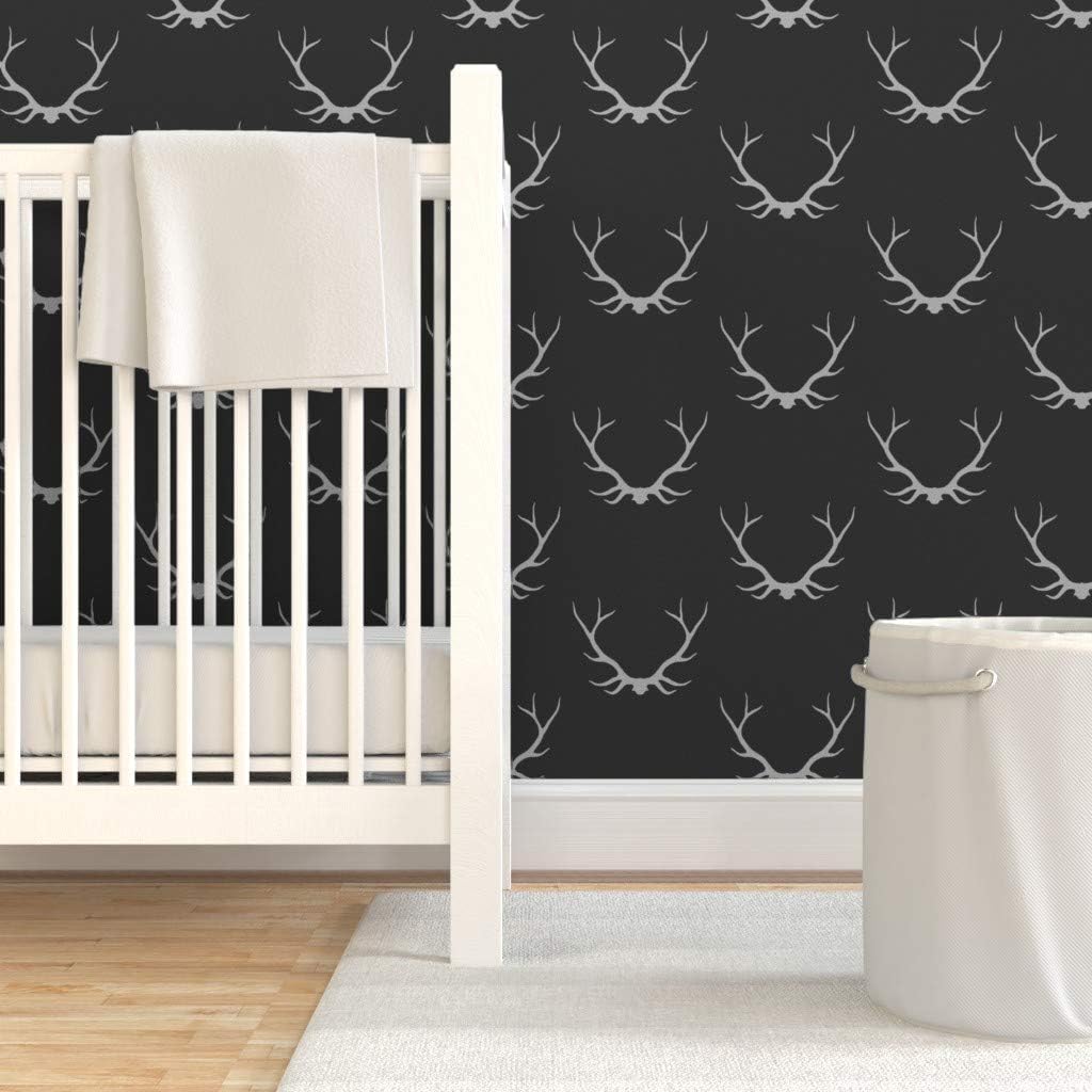 Peel & Stick Wallpaper 3ft x 2ft - Antlers Black Gray Buck Deer Woodland Lodge Custom Removable Wallpaper by Spoonflower