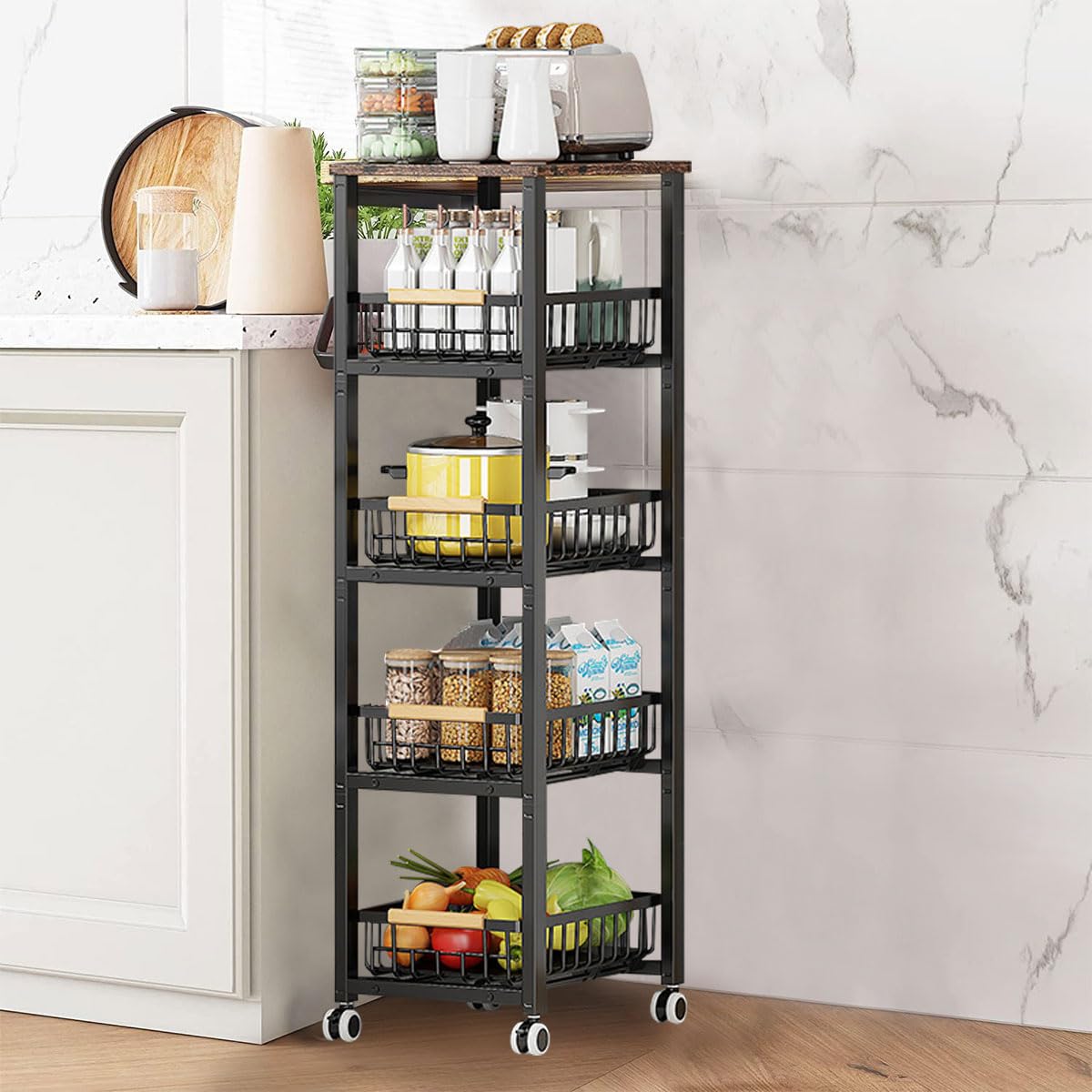 Carrito Auxiliar con Ruedas 5 Niveles – Carro de Cocina o Baño con Cestas Extraíbles, Estantería Metálica Negra, 40x30x107,5 cm, Organizador Multiusos
