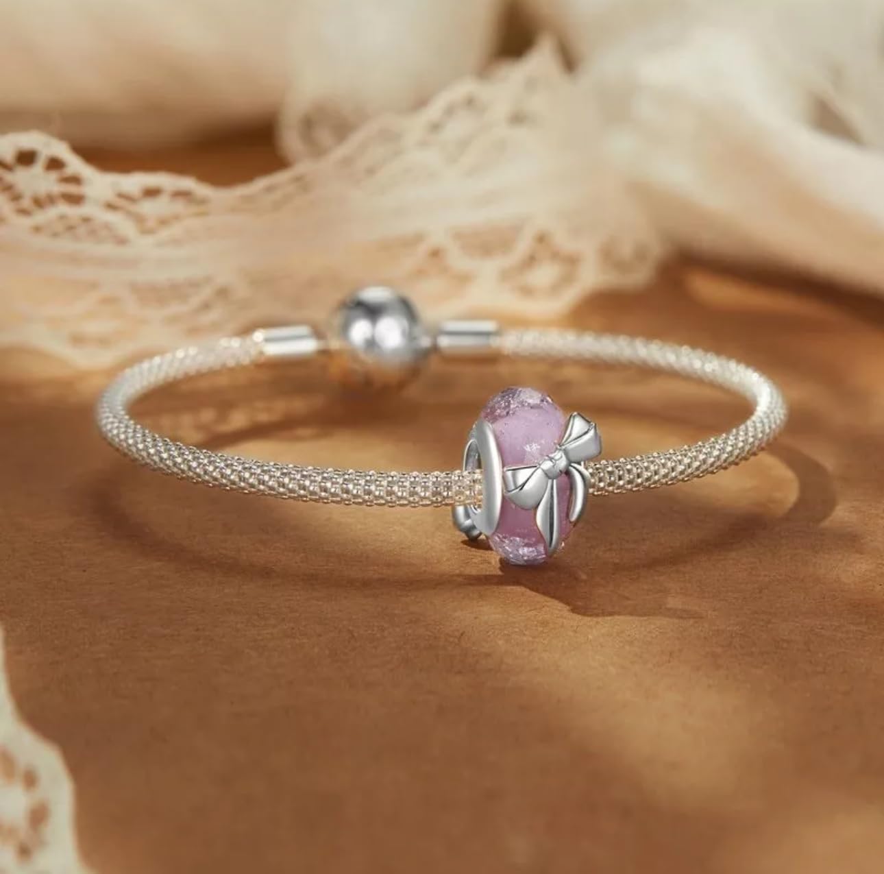 Charm-Anhänger aus Muranoglas mit rosa Schleife, echtes 925er-Sterlingsilber, kompatibel mit Pandora-Armbändern