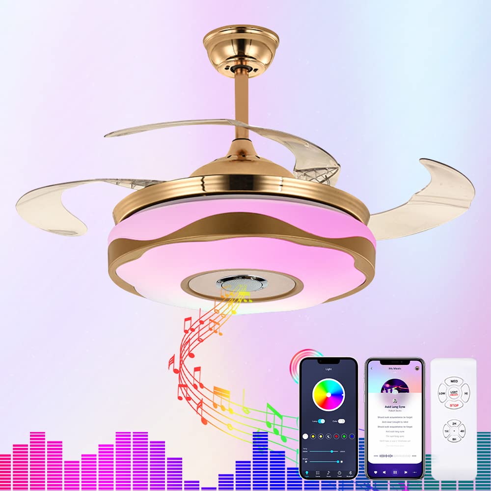 36inch Ceiling Fan with LED Light and Remote, Modern Hidden Retractable Fan Chandelier Mute Ceiling Fans with Bluetooth for Bedroom Dining Room Living Room