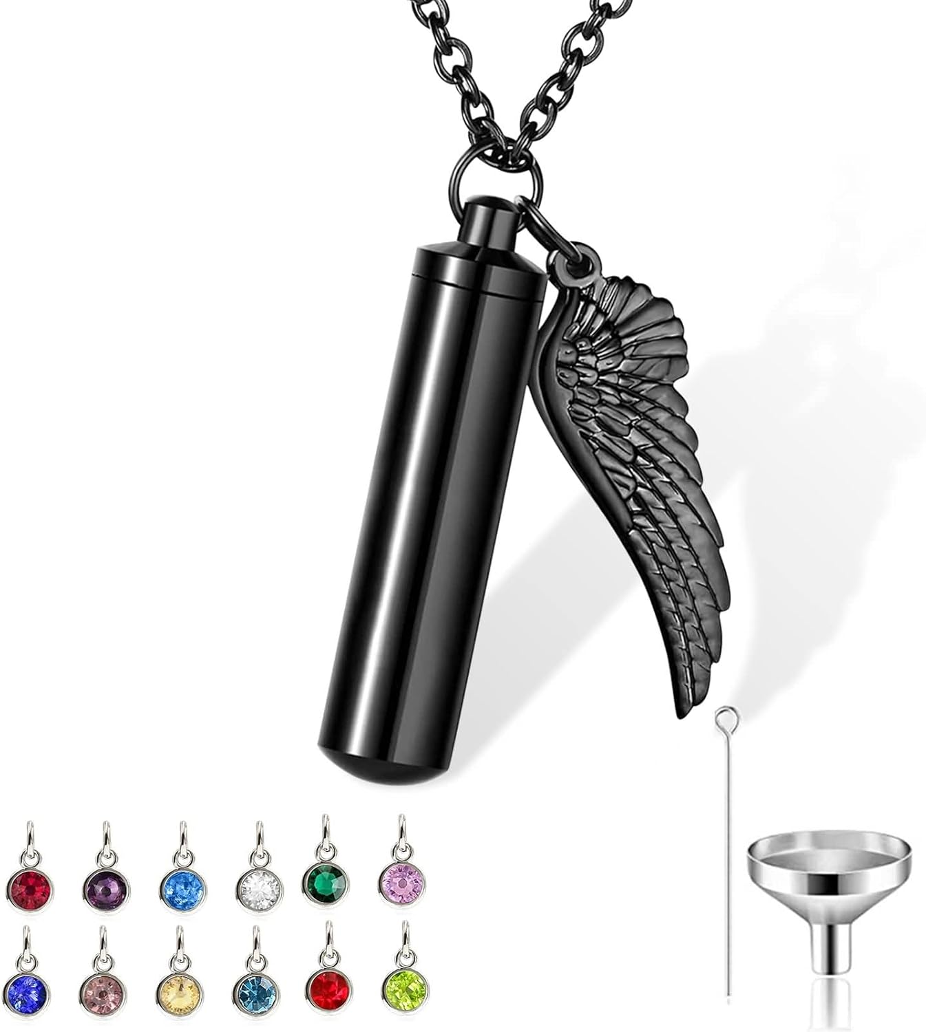 Urn Necklace for Ashes, Birthstone Necklace Stainless Steel Angel Wing Cylindrical Pendant Keepsake Cable Chain 22 Inch 2MM