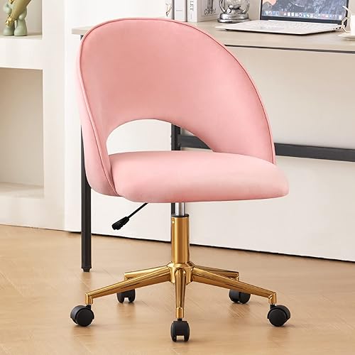 Furnimart Silla de escritorio rosa sin brazos, silla giratoria de terciopelo con patas doradas, bonita silla de trabajo con ruedas para niñas, sala