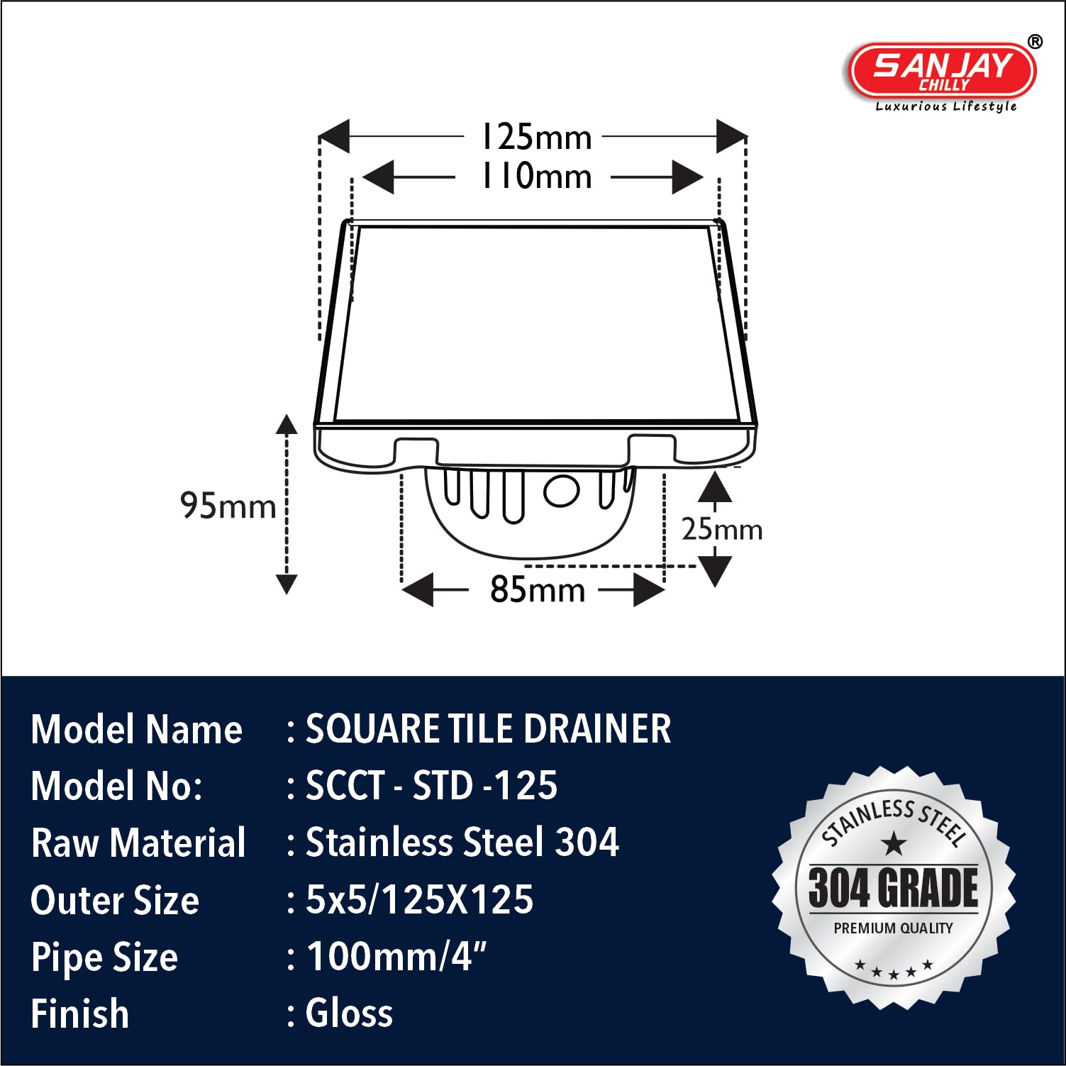 Sanjay Chilly Marble Drainer SS Floor Drain with Cockroach Trap 21 mm Tile Insert Invisible Shower Drain Channel Kitchen Sink washbasin Hair Catcher in Bathroom & Toilet (Silver 5x5 Inch) 2