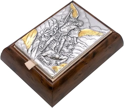 Miniatura 3 de Caja de recuerdo de madera y metal de San Miguel | Patrón de la policía y los soldados | Caja de madera con tapa de placa de metal plateado | Gran