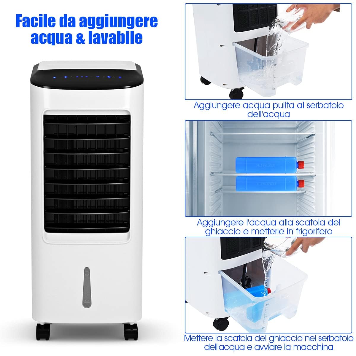 GYMAX Raffrescatore d'Aria senza Tubo, 65W Condizionatore Portatile con Ghiaccio e Acqua 7L, 3 in 1 Raffrescatore Evaporativo Oscillazione Automatica, Timer 7,5h Telecomando per Casa e Ufficio, Bianco