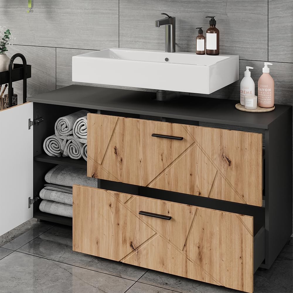 Vicco Waschbeckenunterschrank Irma, Anthrazit/Goldkraft Eiche, 120.1 x 60.6 cm mit 2 Schubladen und 1 Tür, geeignet für handelsübliche Waschtische mit Siphonausschnitt