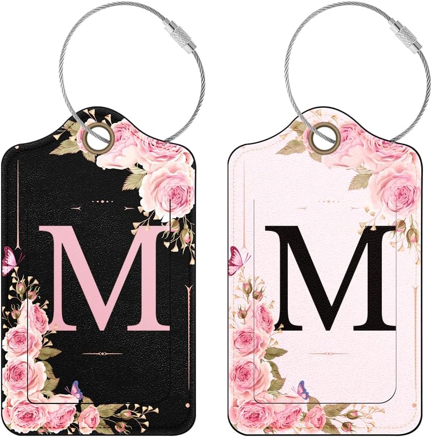 2Pcs Personalized Luggage Tags with Initials, PU Leather Suitcase Tags, Travel Tags for Women and Girls (M)
