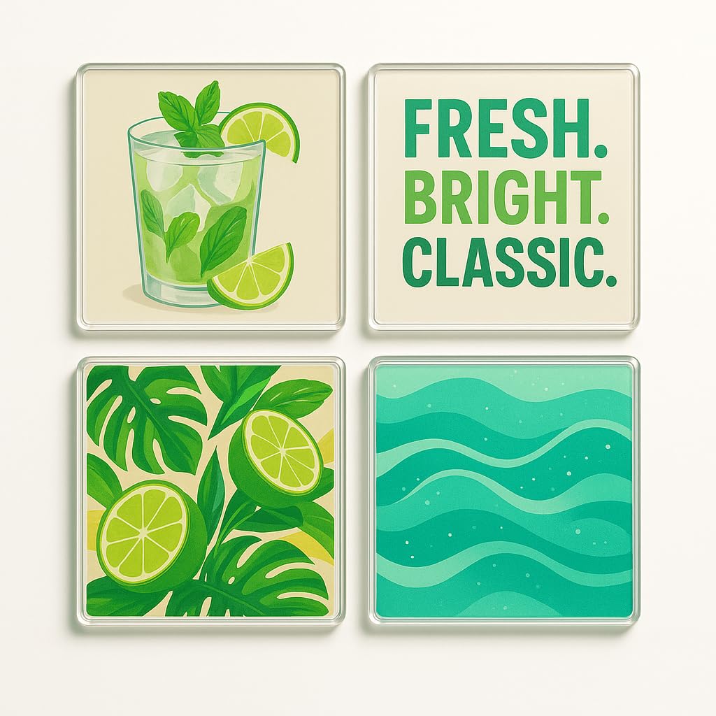 The Plum Penguin Mojito Breeze Acrylic Coaster Gift Set Of 4 With Cuban Splash Vibes - Tropical Home Bar Decor For Classic Cocktails Enthusiasts