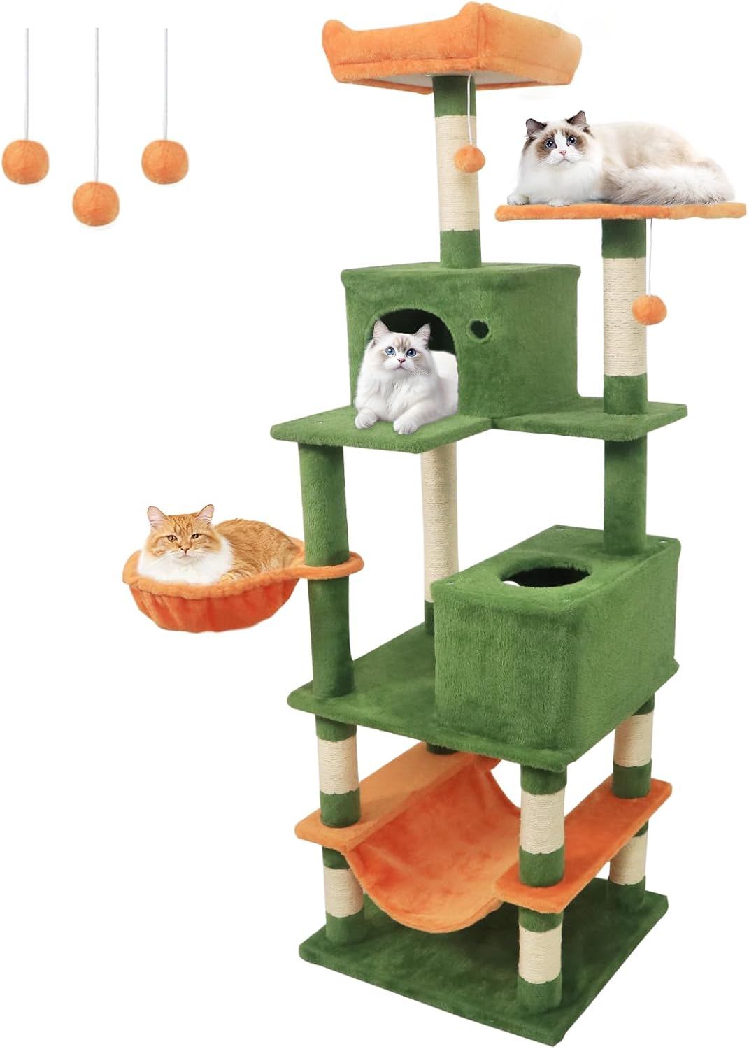 Tangkula 66 Inch Tall Cat Tree, Multi-Level Cat Tower with Sisal Scratching Posts, 2 Condos, Plush Perch, Hammock, Basket, Dangling Toys, Cat Climbing Furniture for Indoor Cats (Green+Orange)