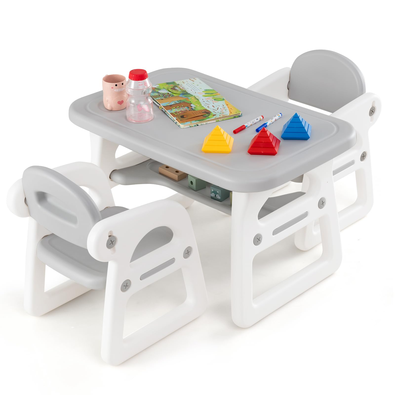 HONEY JOY Kids Table and Chair Set, Plastic Children Activity Table and 2 Chairs w/Building Blocks, Storage, for Art Craft, Toddler Table and Chair