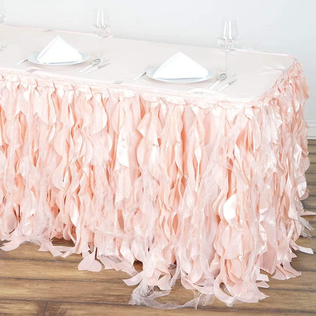 TABLECLOTHSFACTORY 14ft Enchanting Curly Willow Taffeta Table Skirt for Kitchen Dining Catering Wedding Birthday Party Events - Blush